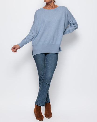 Caroline Cashmere Scoop Neck Vent Sweater in Pale Blue Marl