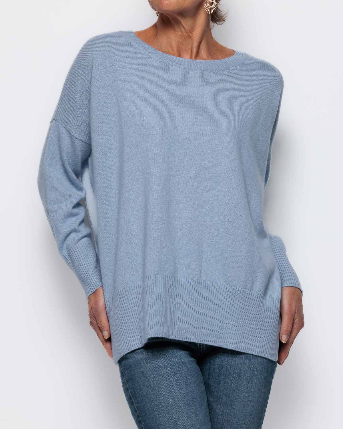 Caroline Cashmere Scoop Neck Vent Sweater in Pale Blue Marl