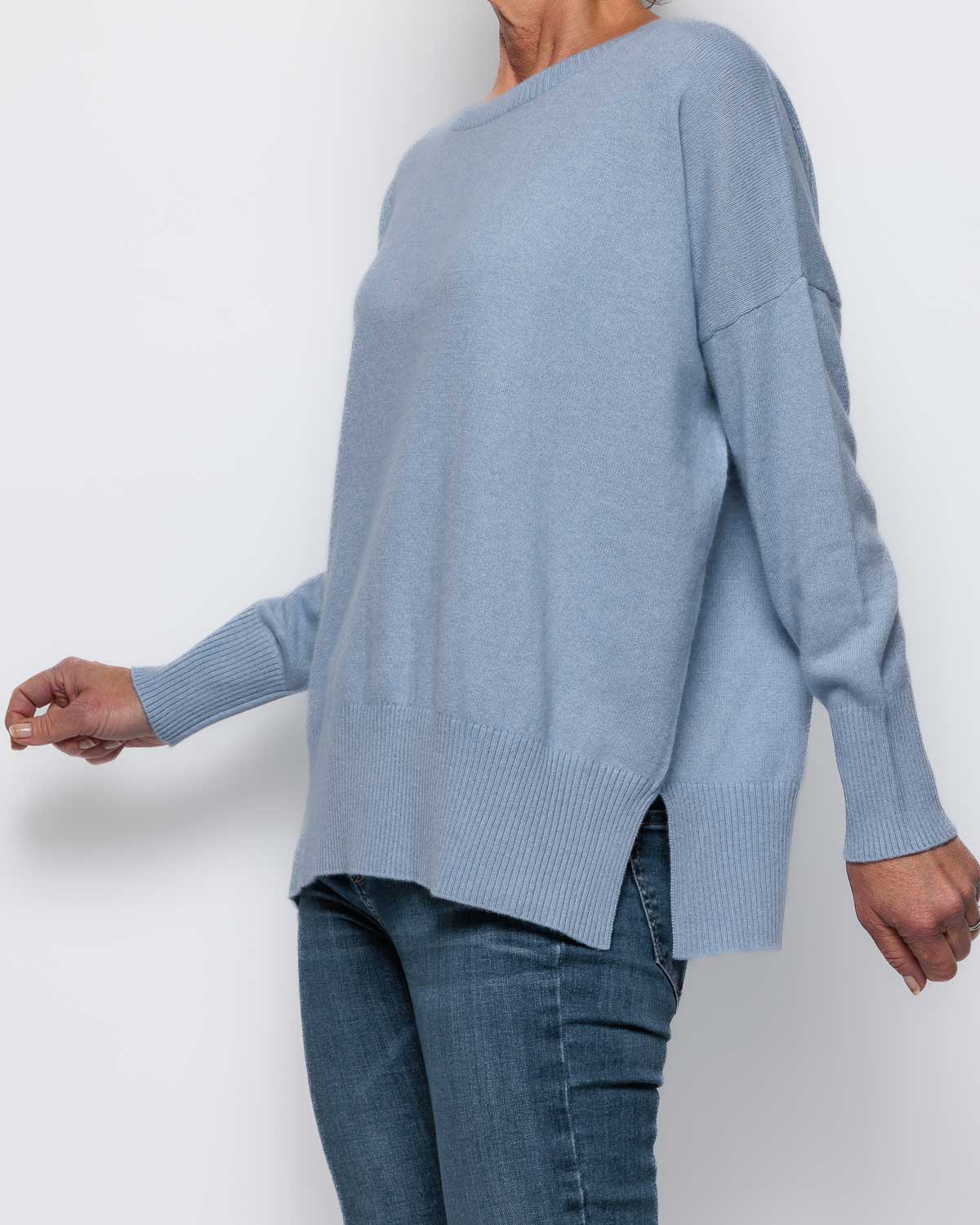 Caroline Cashmere Scoop Neck Vent Sweater in Pale Blue Marl