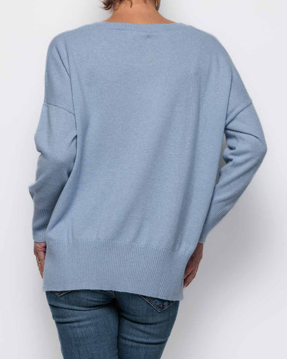 Caroline Cashmere Scoop Neck Vent Sweater in Pale Blue Marl