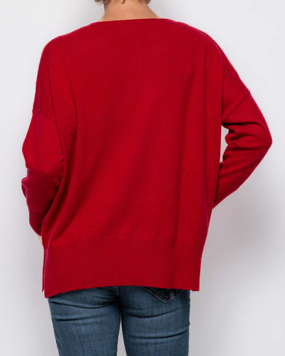 Caroline Cashmere Scoop Neck Vent Sweater in Red