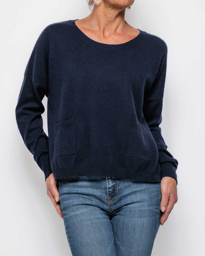 Caroline Cashmere Twin Pocket Sweater in Navy