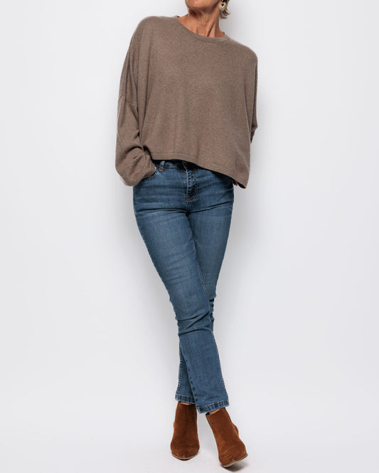 Caroline Cashmere Cropped Crew Sweater in Taupe