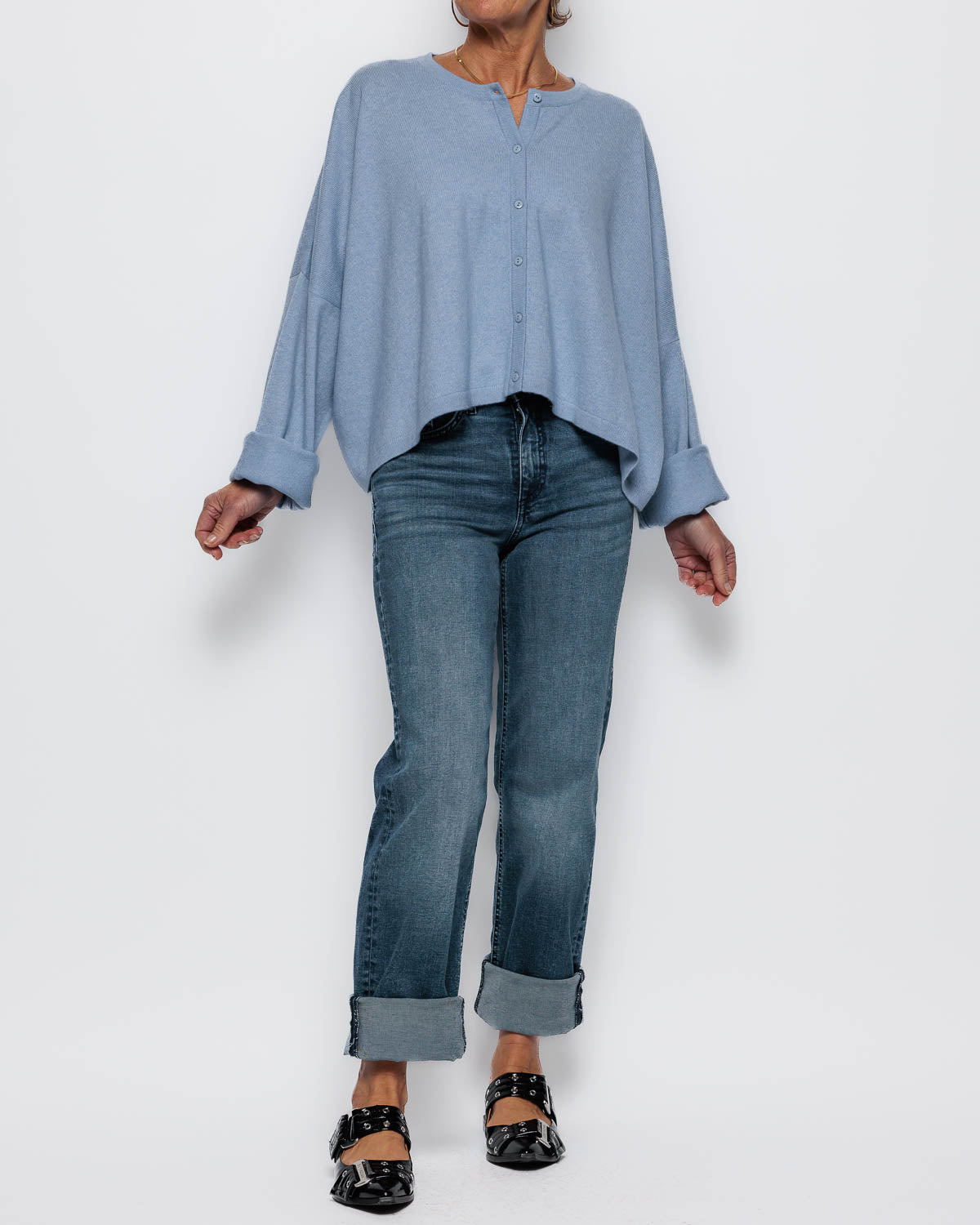 Caroline Cashmere Cropped Crew Cardigan in Baby Blue