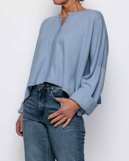 Caroline Cashmere Cropped Crew Cardigan in Baby Blue