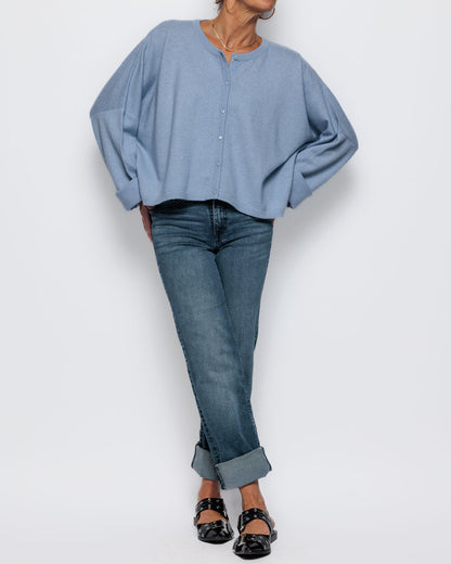 Caroline Cashmere Cropped Crew Cardigan in Baby Blue