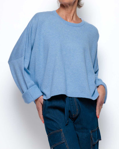 Caroline Cashmere Cropped Crew Sweater  in Pale Blue Melange