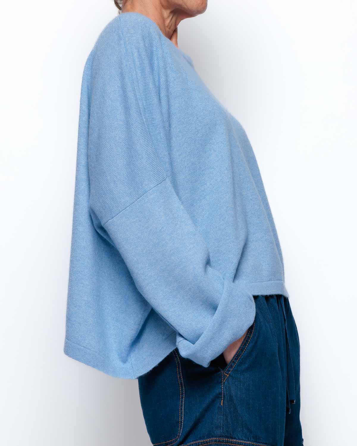 Caroline Cashmere Cropped Crew Sweater  in Pale Blue Melange
