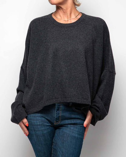 Caroline Cashmere Cropped Crew Sweater in Charcoal