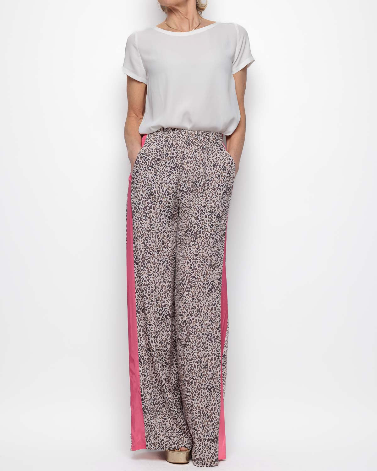 Primrose Park Kylie Trousers in Leopard with Pink Stripe